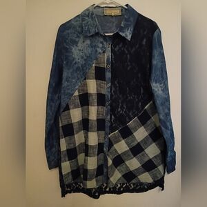 A'reve Patchwork Women's Top Cotton Blend Sz L‎